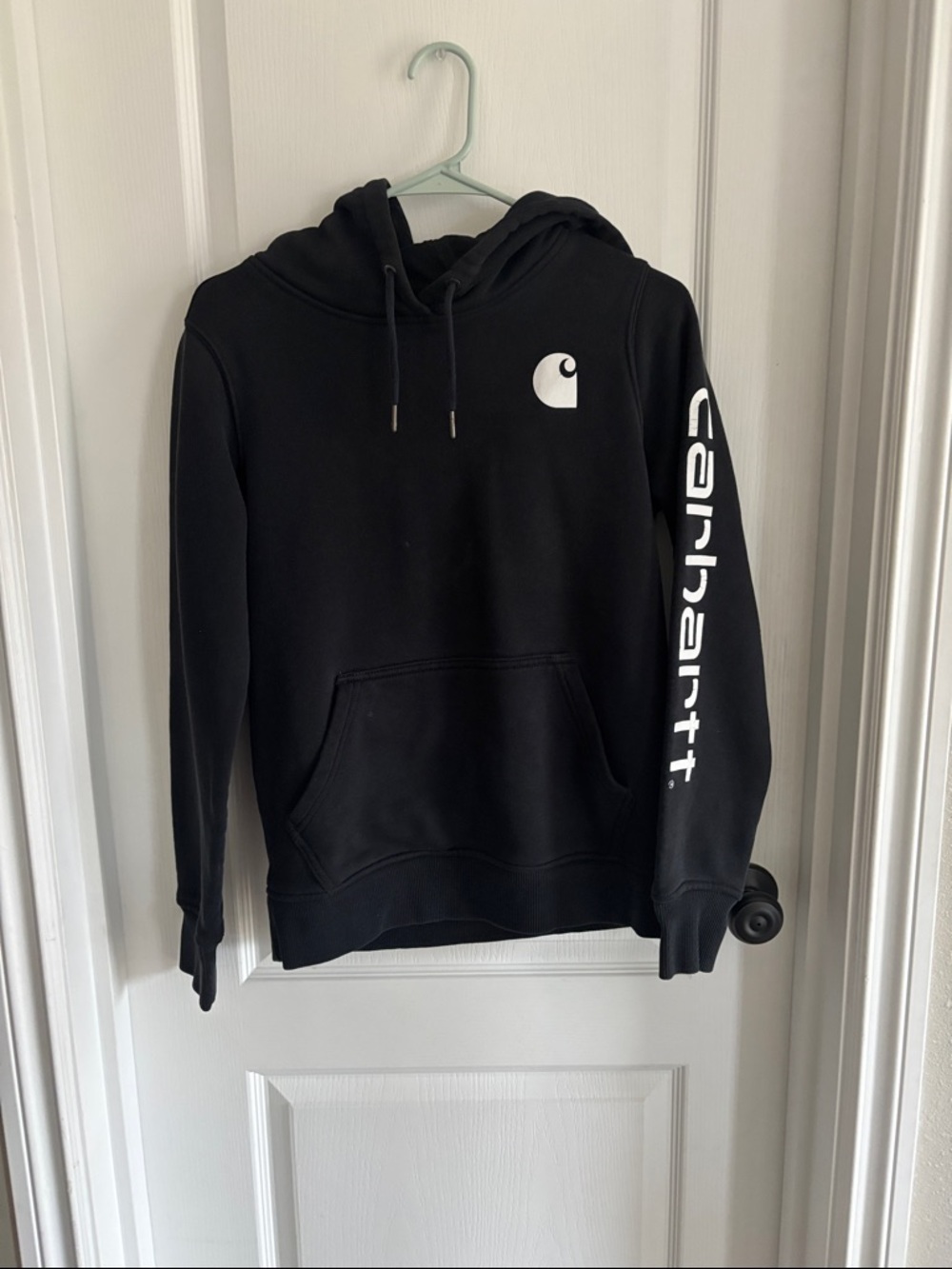 Men’s Carhartt Black Crewneck Hoodie with White Logo Sleeve